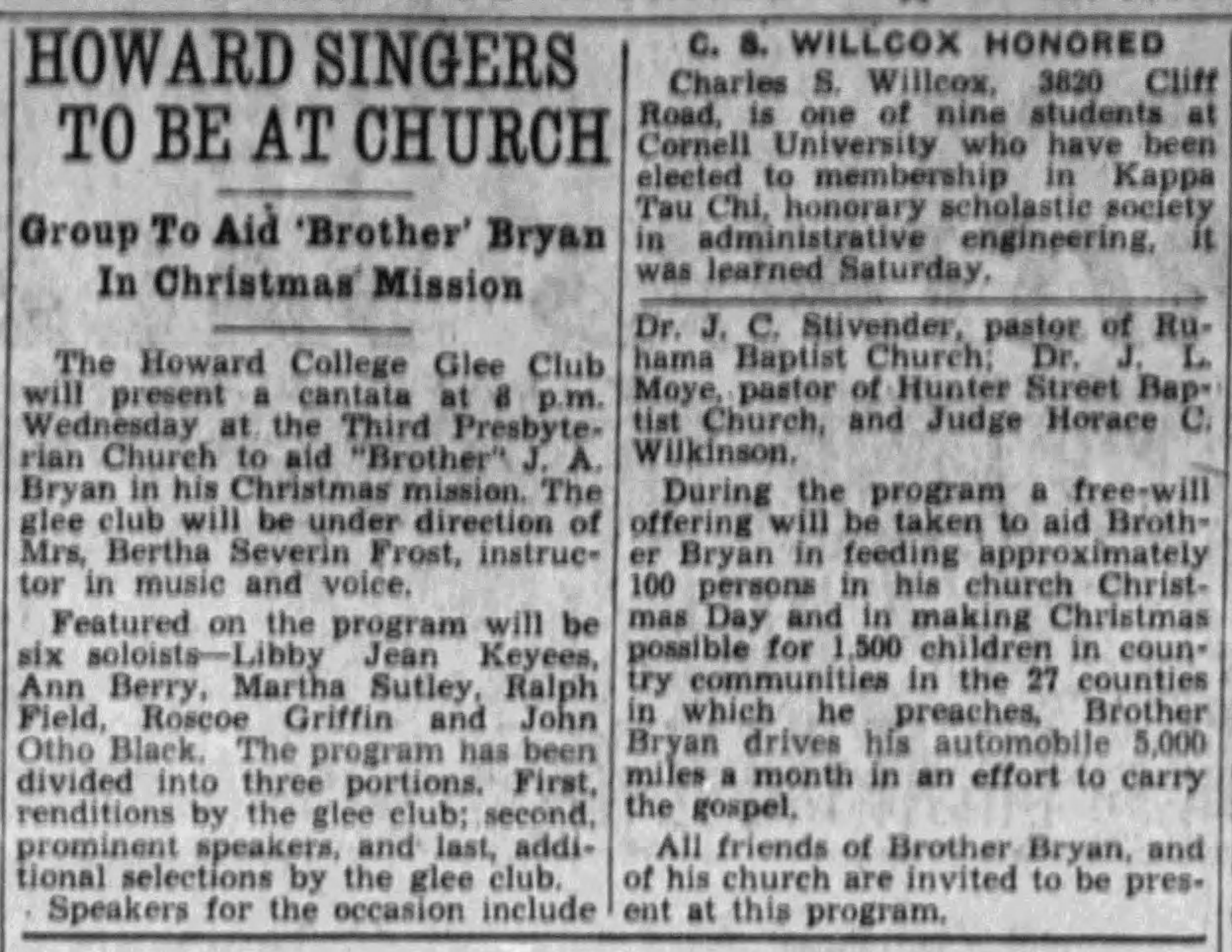 Howard Singers To Be At Church